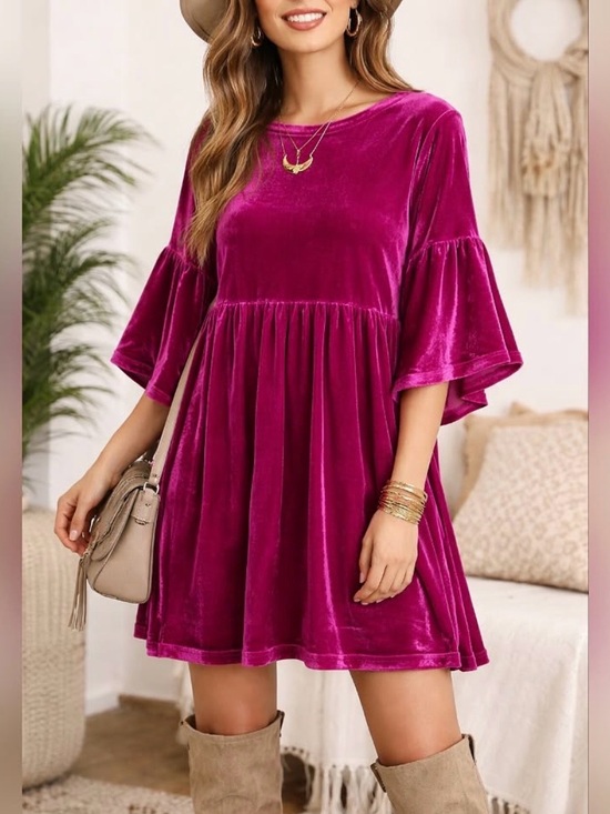 Umgee Dresses & Skirts - Umgee Velvet Babydoll Mini Dress in Fuchsia